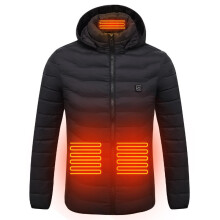 (Black, L) Electric USB Intelligent Heated Warm Back Abdomen Neck Cervical Spine Hooded Winter Jacket Motorcycle Skiing Riding Coats