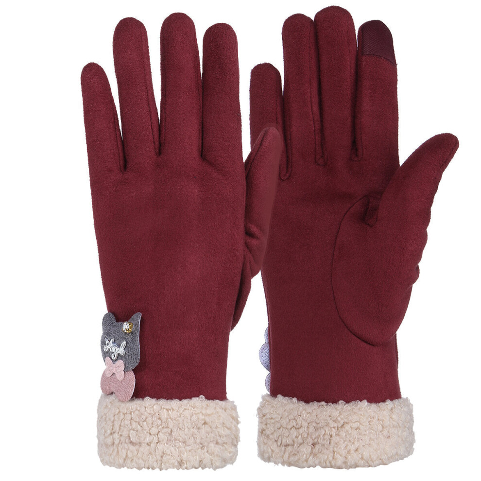 (Wine Red) Pair Warm Female Winter Gloves Touch Screen Outdoor Windproof Motorcycle Full Finger