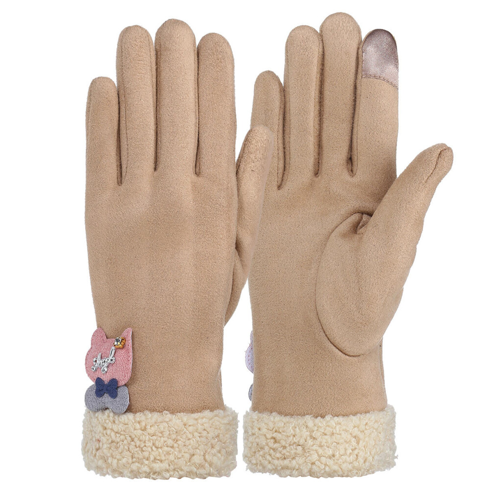 (Khaki) Pair Warm Female Winter Gloves Touch Screen Outdoor Windproof Motorcycle Full Finger