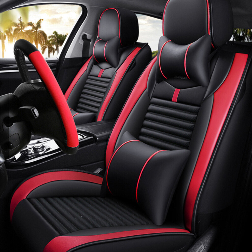 (Black Red) PU Leather Auto Car Seat Cover Set Protector Front&Rear Full Surrounding