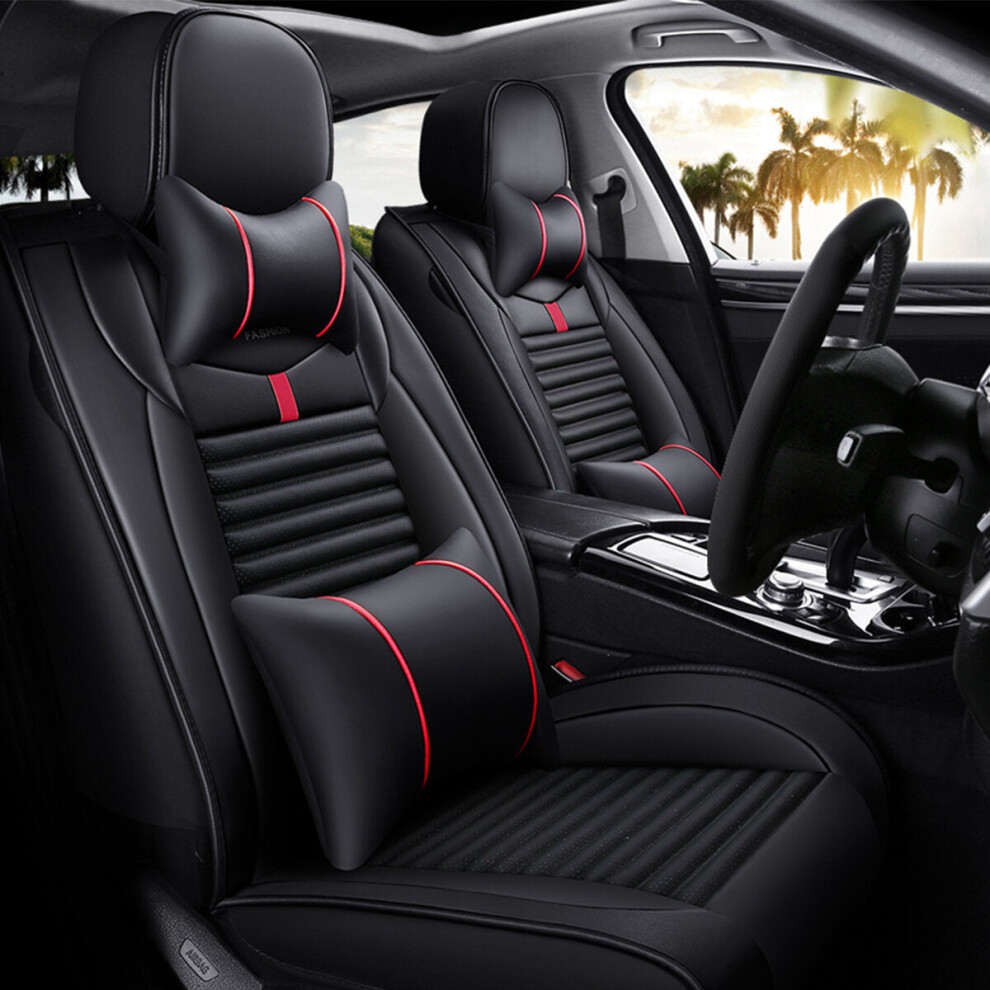 (Black) PU Leather Auto Car Seat Cover Set Protector Front&Rear Full Surrounding