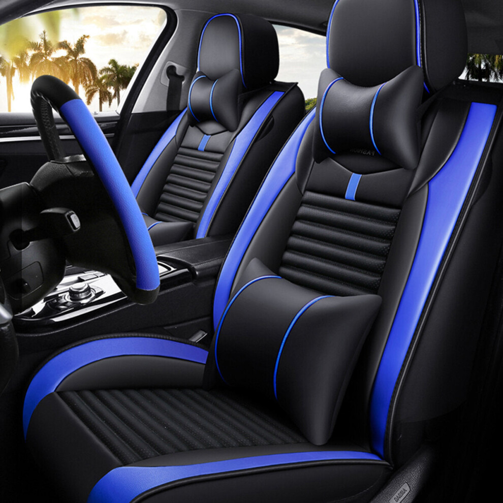 (Black Blue) PU Leather Auto Car Seat Cover Set Protector Front&Rear Full Surrounding