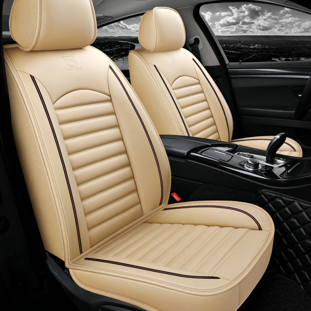 (Beige Full Standard) Universal Full Leather Car Front Seat Protect Mat Covers Breathable Cushion Pad