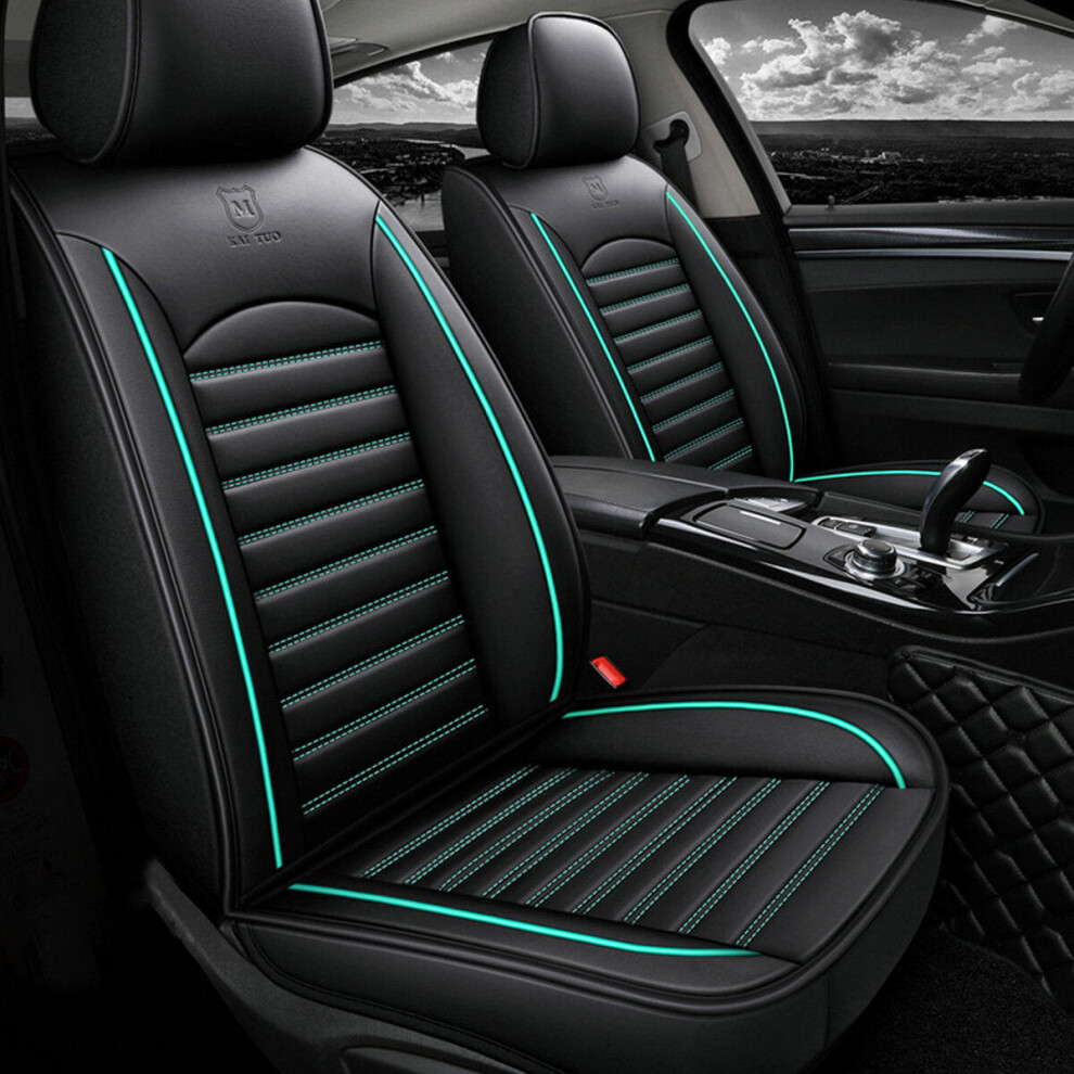 (Black & Green Full Standard) Universal Full Leather Car Front Seat Protect Mat Covers Breathable Cushion Pad