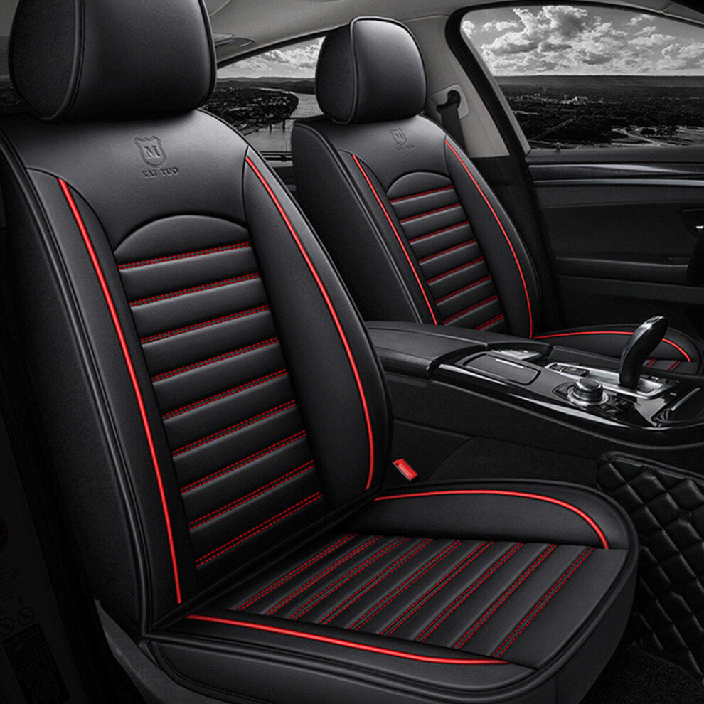 (Black & Red Full Standard) Universal Full Leather Car Front Seat Protect Mat Covers Breathable Cushion Pad