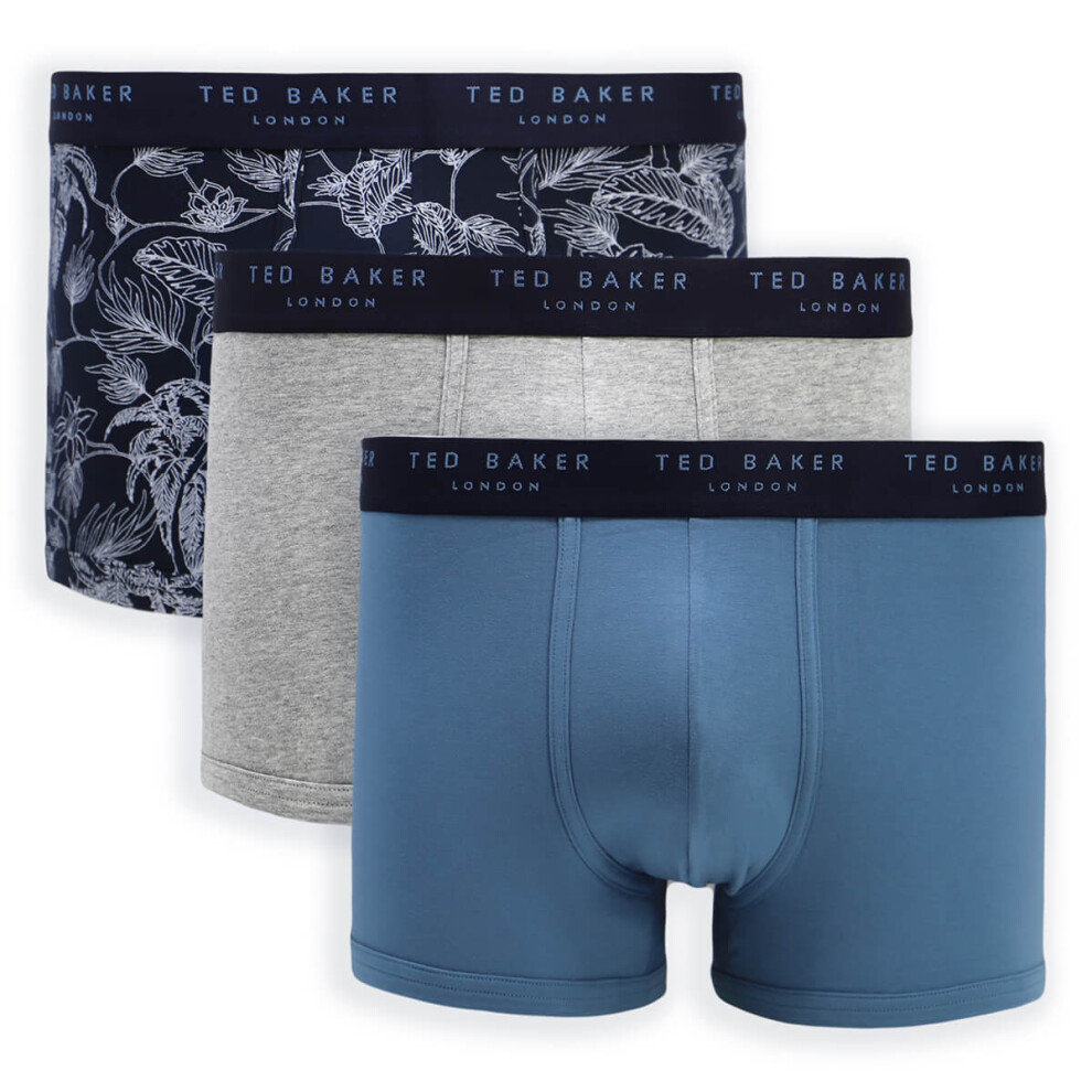 (S, Tea Leaf/Grey Heather/Blue) Ted Baker Mens 3 Pack Patterned Breathable Comfort Cotton Stretch Boxer Briefs