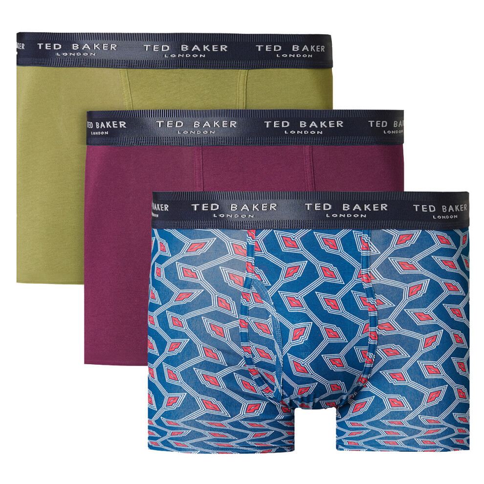 (S, Capulet Olive/Potent Purple/Gibraltar Sea) Ted Baker Mens 3 Pack Patterned Comfort Cotton Stretch Boxer Briefs