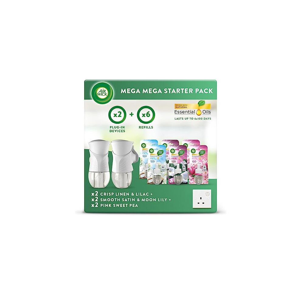 Air Wick Mixed Fragrances , Plug in Diffuser Starter Kit , 2 Gadget & 6 Refills , Lasts up to 600 Days , Infused with Essential Oils