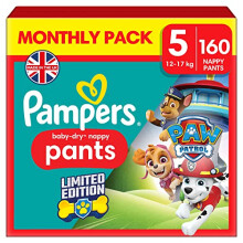 Pampers Baby-Dry Nappy Pants Paw Patrol Edition Size 5, 160 Nappies, 12kg-17kg, Monthly Pack, With A Stop & Protect Pocket