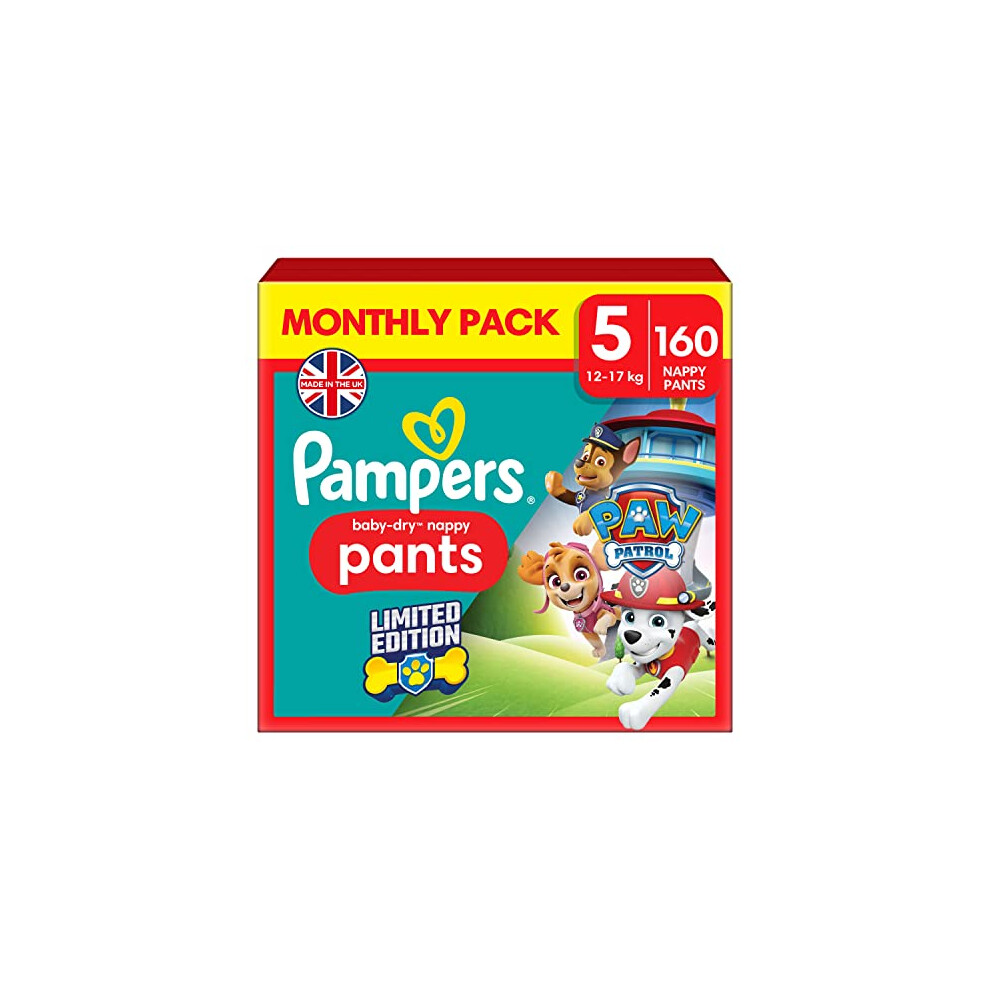 Pampers Baby-Dry Nappy Pants Paw Patrol Edition Size 5, 160 Nappies, 12kg-17kg, Monthly Pack, With A Stop & Protect Pocket