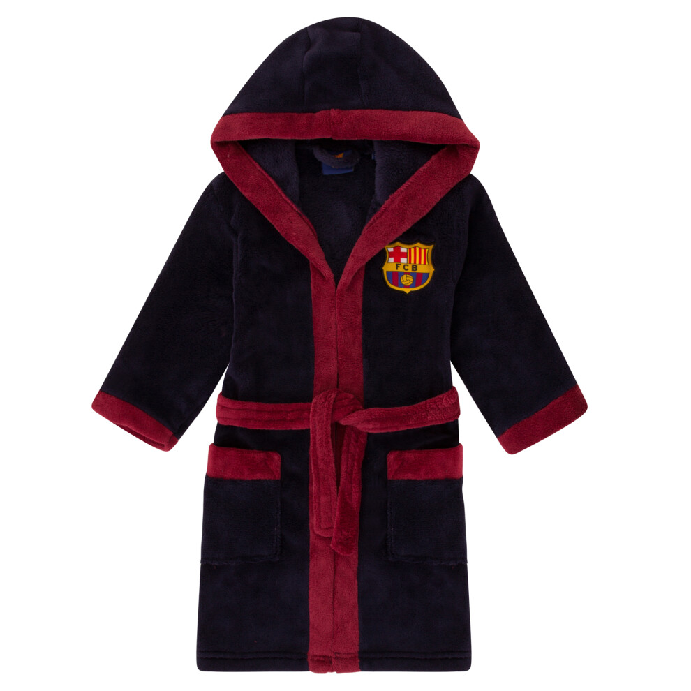 (Navy Blue, 9-10 Years) FC Barcelona Official Football Gift Boys Hooded Fleece Dressing Gown Robe