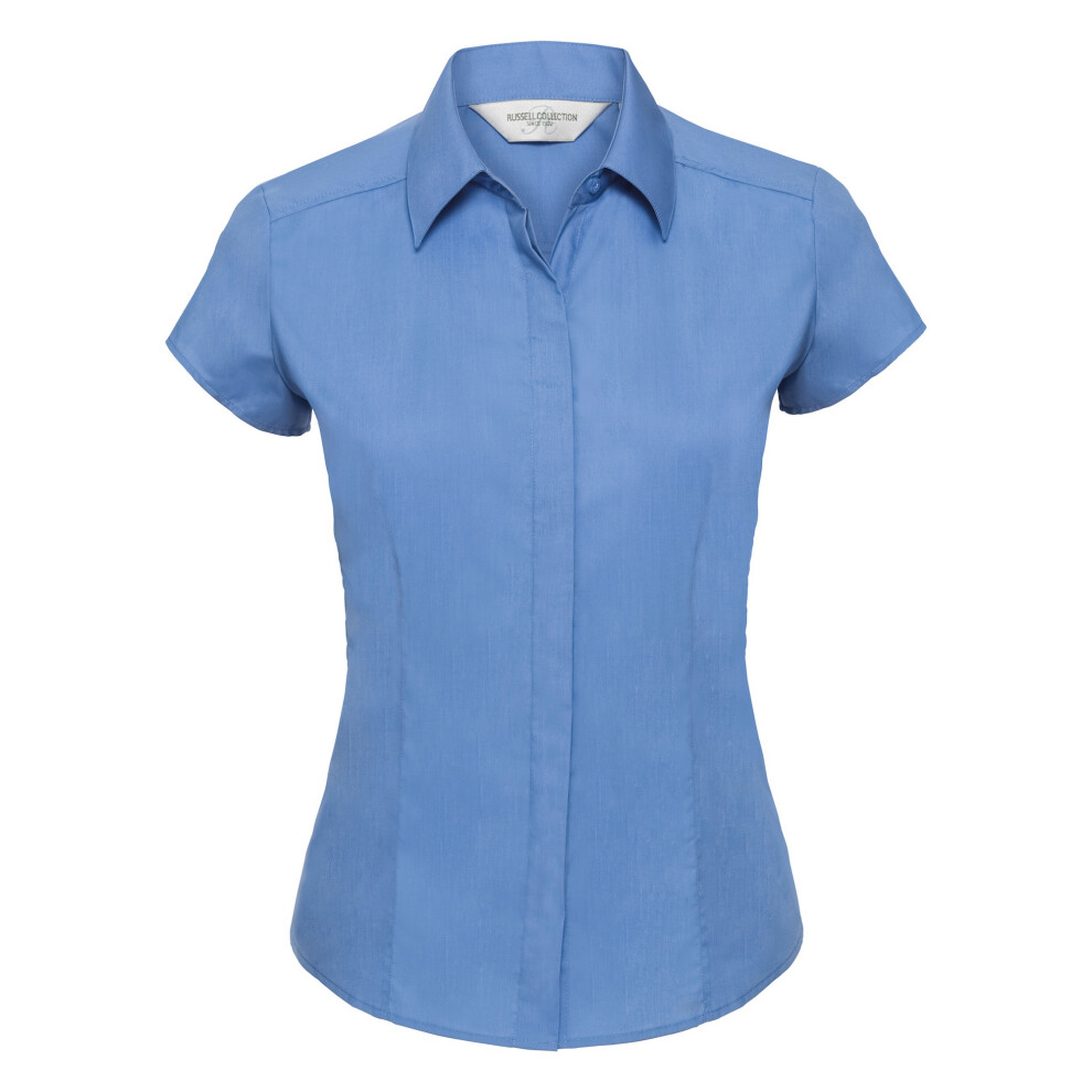 (L, Corporate Blue) Russell Collection Ladies Cap Sleeve Polycotton Easy Care Fitted Poplin Shirt
