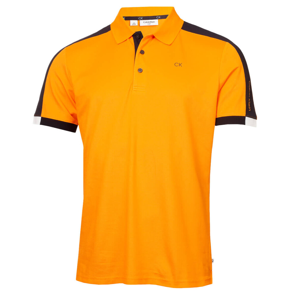 (S, Orange) Calvin Klein Mens 2023 Miles Moisture Wicking Sustainable Golf Polo Shirt