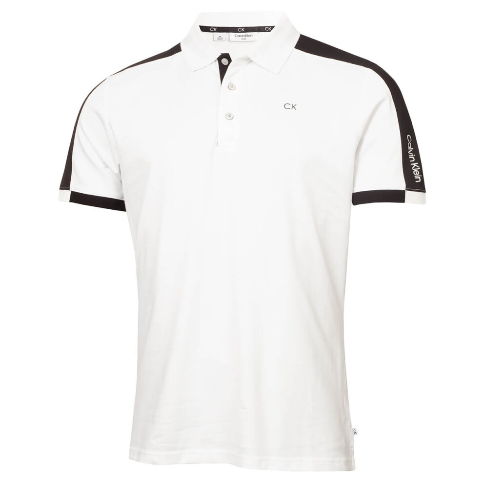 (S, White/Black) Calvin Klein Mens 2023 Miles Moisture Wicking Sustainable Golf Polo Shirt