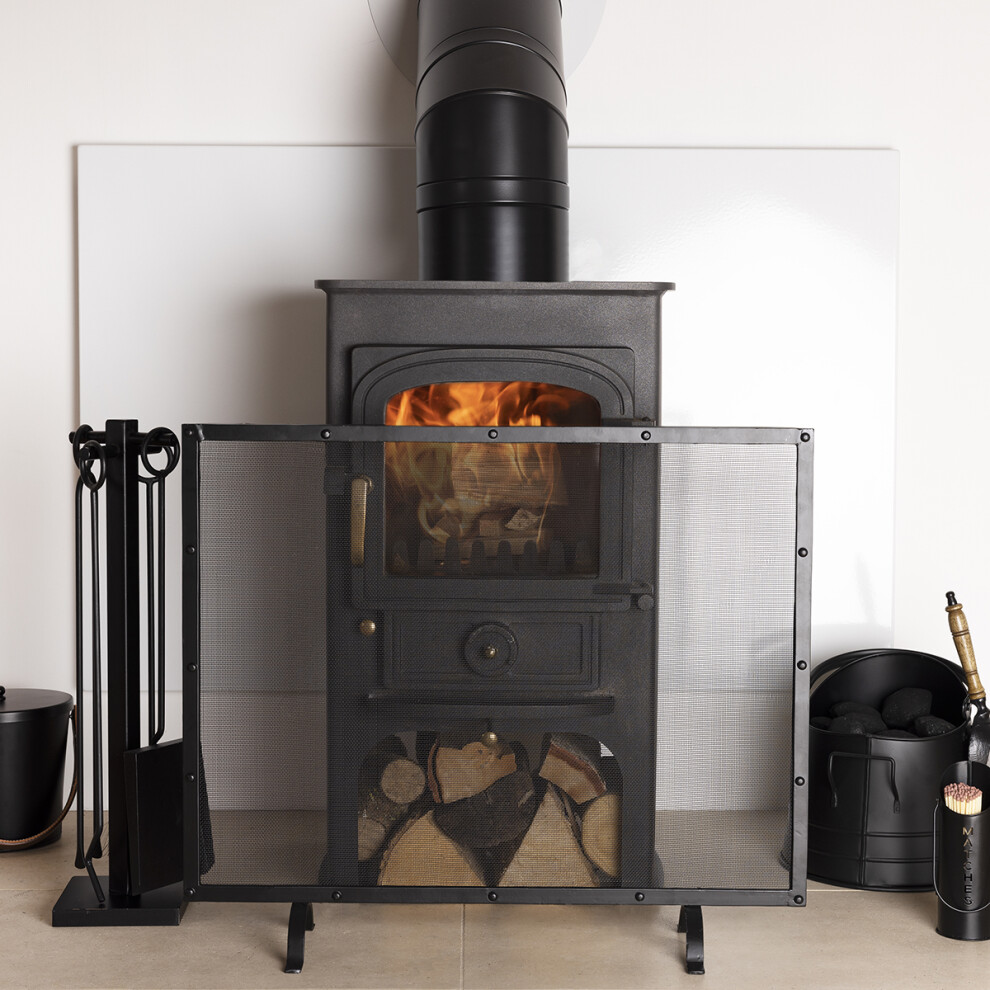 CHARLES BENTLEY Fire Guard, Snug, Aspen, Fireguard, Contemporary, Iron, Silver Mesh, Black Border, Matte Finish, Industrial Design, Powder Coated,