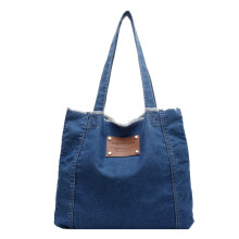 (Beige Blue) Shoulder Denim Bag With Large Capacity Casual Simple Fresh Artistic Unisex Style