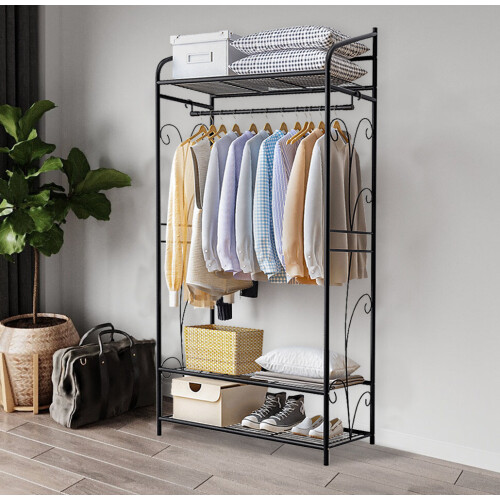 Black Metal Clothes Garment Coat Rack Hanging Storage Shoes Stand