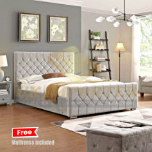 (King 5ft, Silver Plush(without Ottoman Storage)) Chesterfield Plush Velvet Florida Bed Frame with Mattress Ottoman Storage