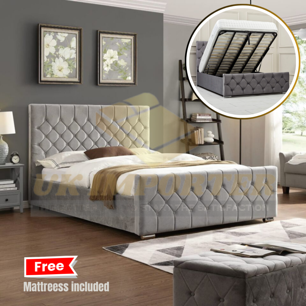 (Double 4ft6", Grey Plush(with Ottoman Storage)) Chesterfield Plush Velvet Florida Bed Frame with Mattress Ottoman Storage