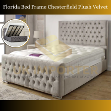 (Double 4ft6", Blue Plush(with Ottoman Storage)) Chesterfield Plush Velvet Florida Bed Frame with Mattress Ottoman Storage