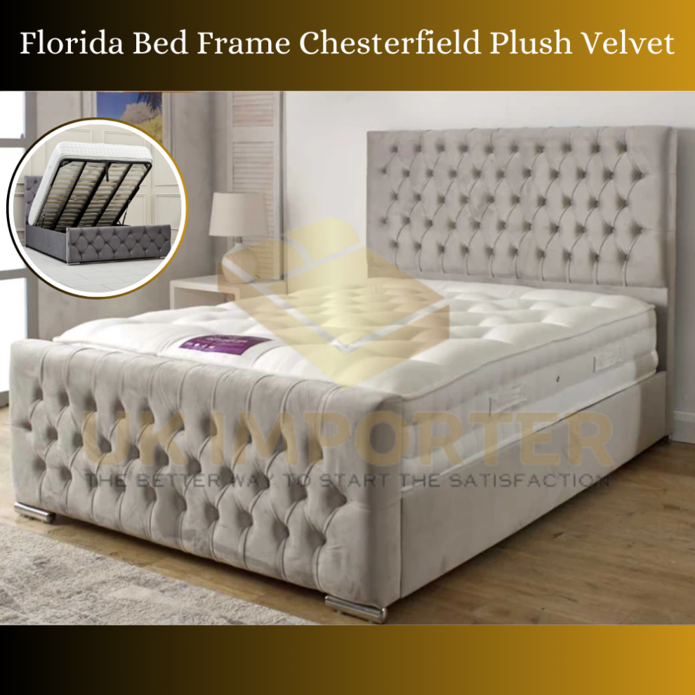 (King 5ft, Cream Plush(with Ottoman Storage)) Chesterfield Plush Velvet Florida Bed Frame with Mattress Ottoman Storage