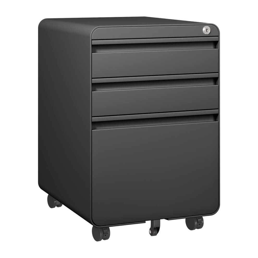 (Black) 3-Drawer Mobile Rolling File Cabinet Lockable