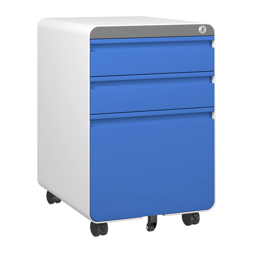 (Blue) 3-Drawer Mobile Rolling File Cabinet Lockable