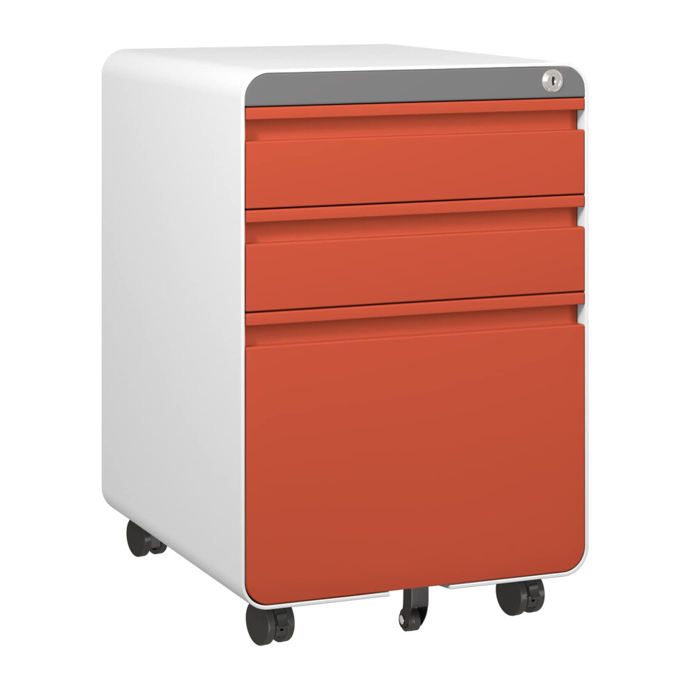 (Orange) 3-Drawer Mobile Rolling File Cabinet Lockable