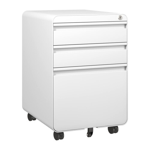 Dripex (White) 3-Drawer Mobile Rolling File Cabinet Lockable