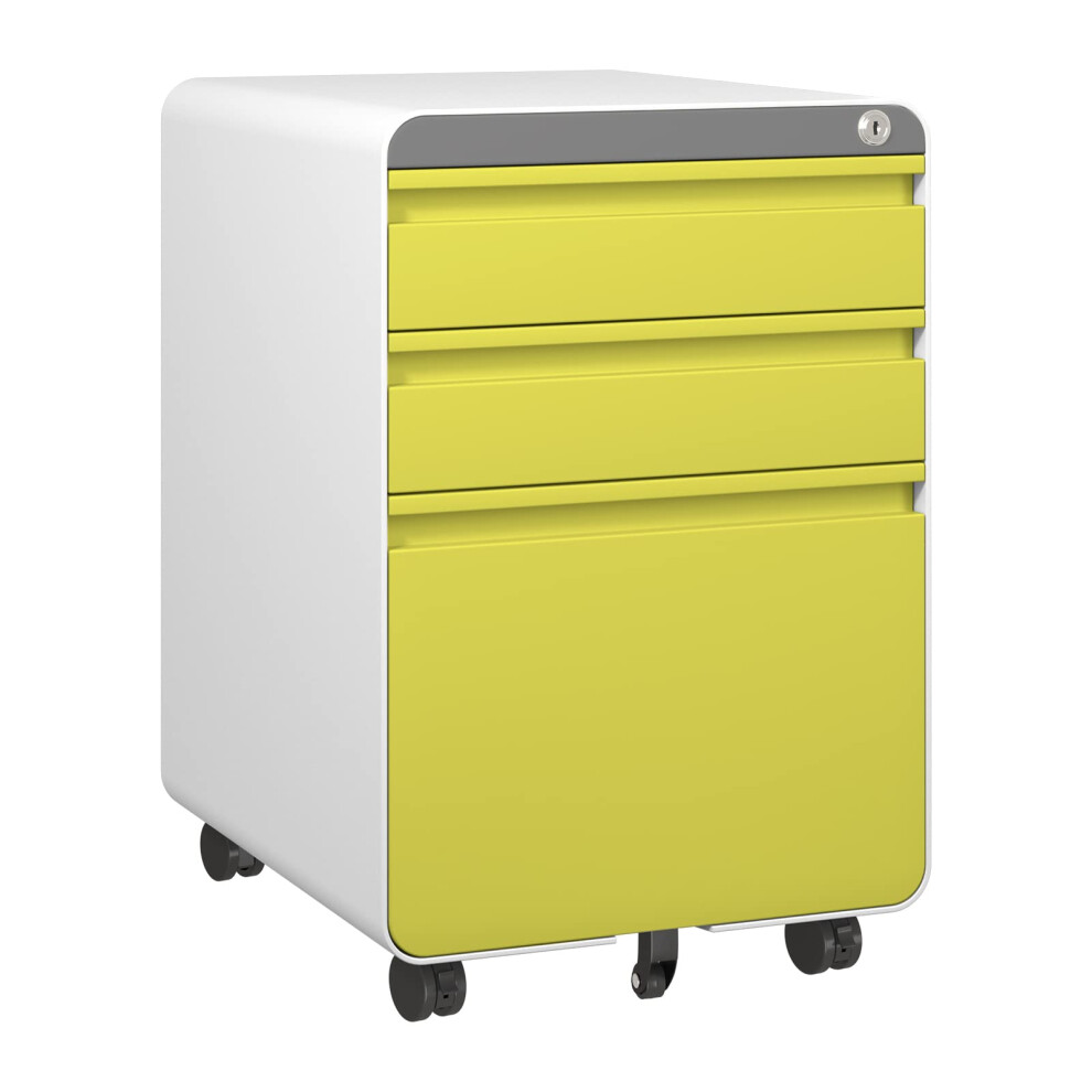 (Yellow) 3-Drawer Mobile Rolling File Cabinet Lockable