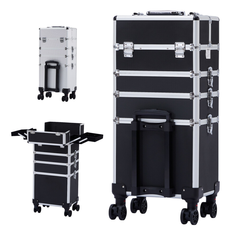 AREBOS 4-in-1 Cosmetic Case | 4 Compartments & 1 Drawer | Telescopic | 8 Locks | 4X 360 Wheels | Velvet Lining | Trolley | Make-Up Case | Black