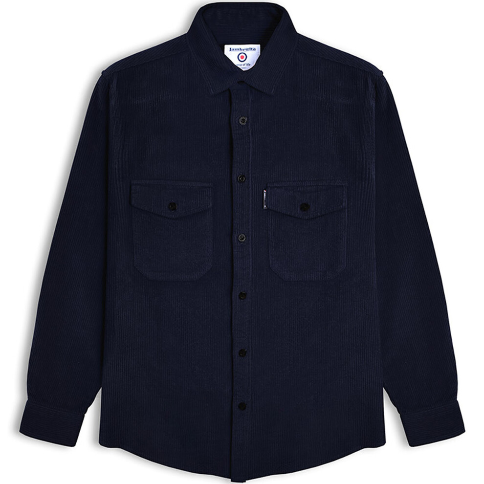 (S, Navy) Lambretta Mens Cord Long Sleeve Corduroy Shaket Overshirt - Navy