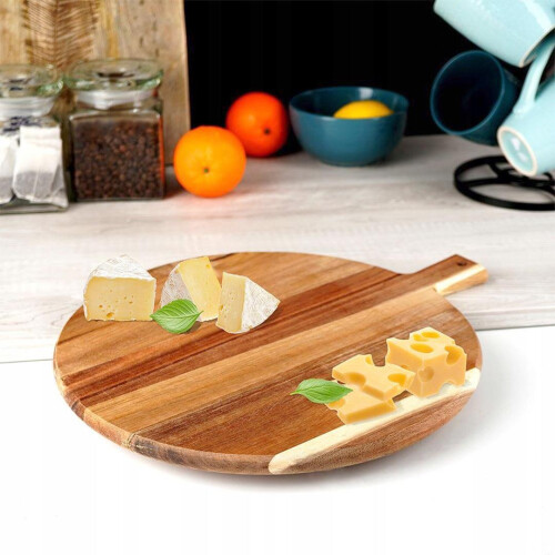 GEEZY GEEZY Round Wooden Chopping Board with Handle Large Pizza Serving Platter Home Kitchen 2