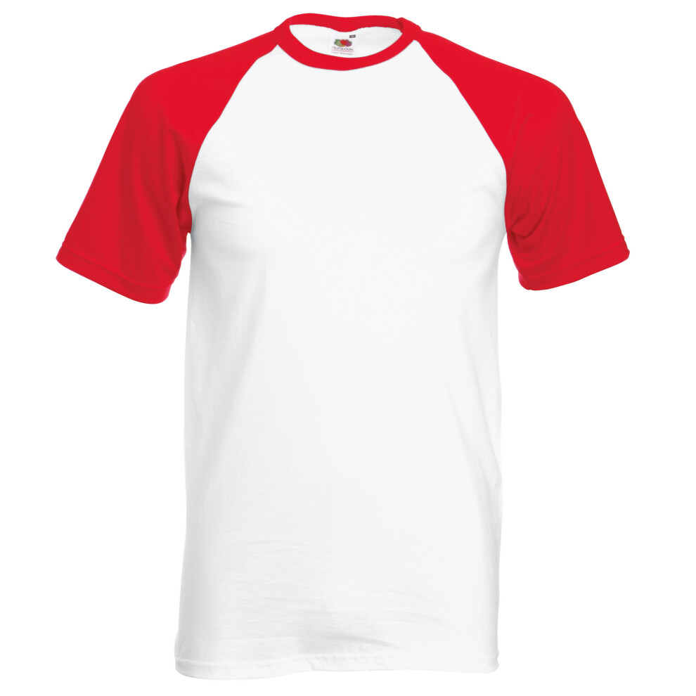 (2XL, White/Red) Fruit Of The Loom Mens Short Sleeve Baseball T-Shirt