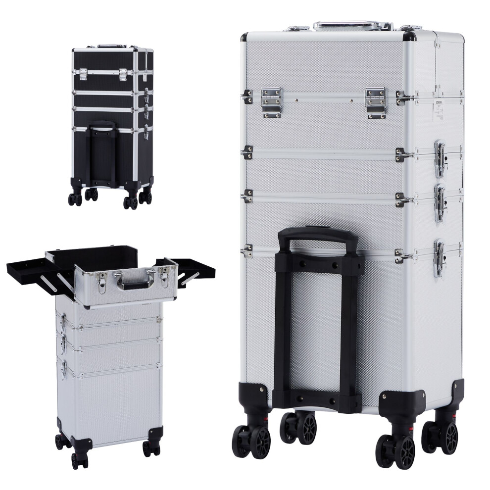 AREBOS 4 in 1 Cosmetic Case | 4 Compartments & 1 Drawer | Telescopic and Carrying Handle | 8 Locks | 4X 360° Wheels | Velvet Lining | Trolley
