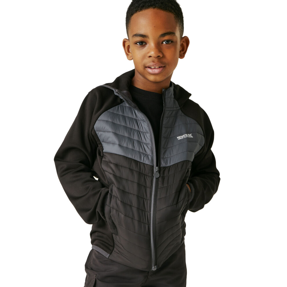 (3-4 Yrs, Black/Seal Grey) Regatta Kids Kielder Hybrid VIII Hooded Outdoor Walking Hiking Softshell Jacket