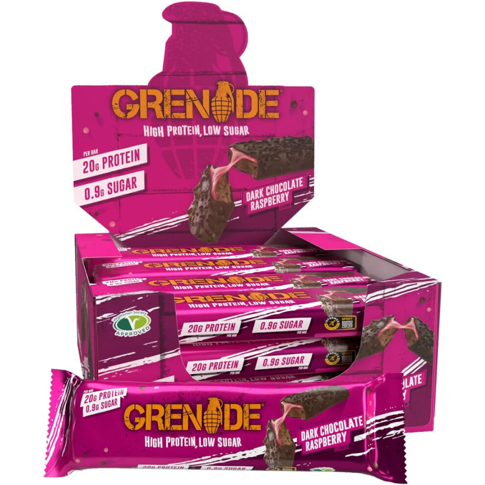 Grenade High Protein, Low Sugar Bar - Dark Chocolate Raspberry, 12 x 60 g