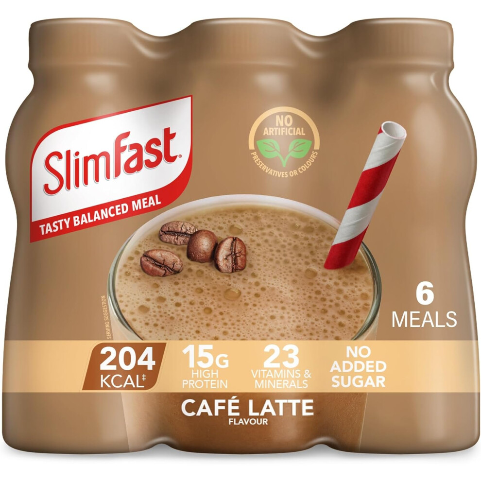 SlimFast Ready To Drink Shake, Meal Replacement Shakes for Weight Loss &  High Protein, Vitamins, Minerals, No Added Sugar Cafe Latte Flavour 6x325 ml