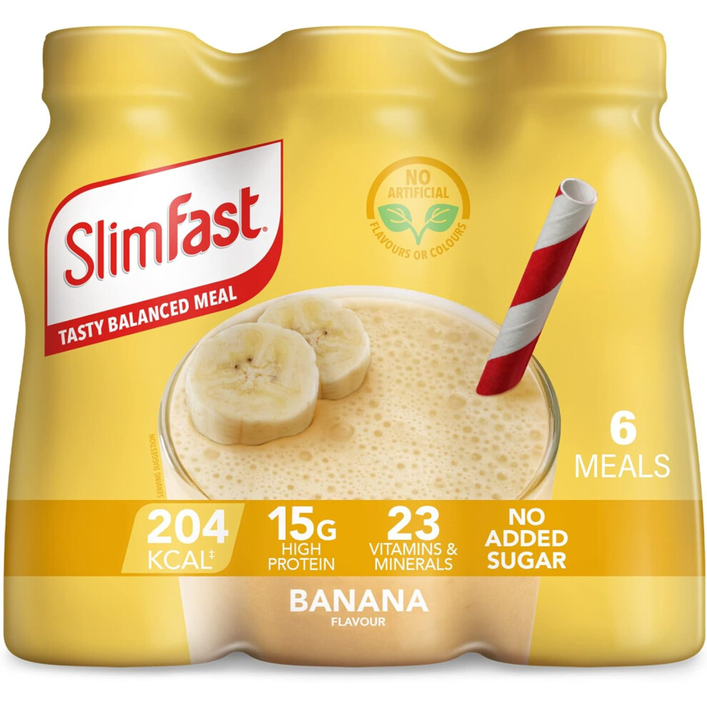 SlimFast Ready To Drink Shake Meal Replacement Shakes for Weight Loss & Balanced Diet High Protein Vitamins Banana Flavour 6x325ml Packaging May Vary