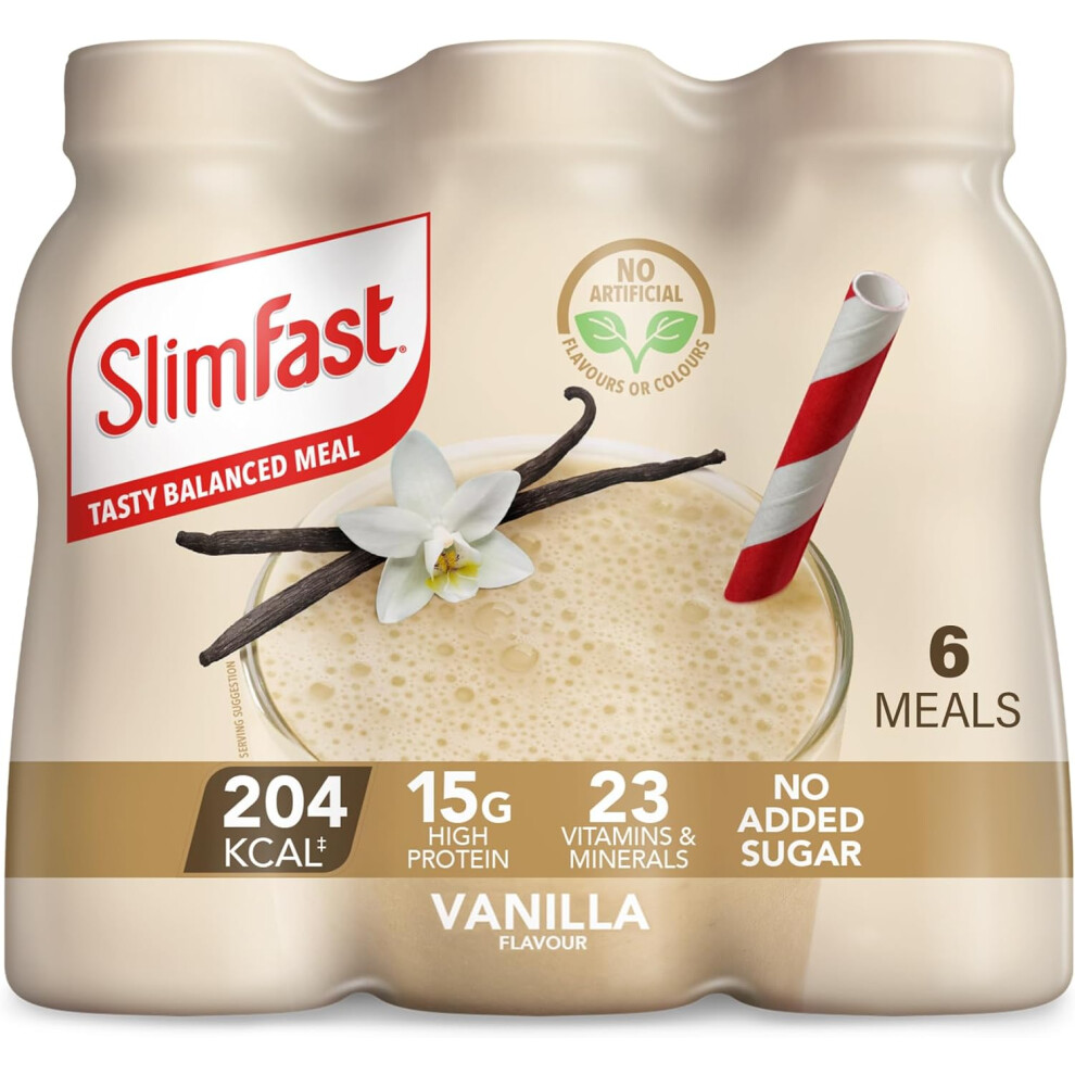 SlimFast Ready To Drink Shake Meal Shakes for Weight Loss & Balanced Diet High Protein Vitamins & Minerals No Added Sugar, Vanilla Flavour 6 x 325 ml