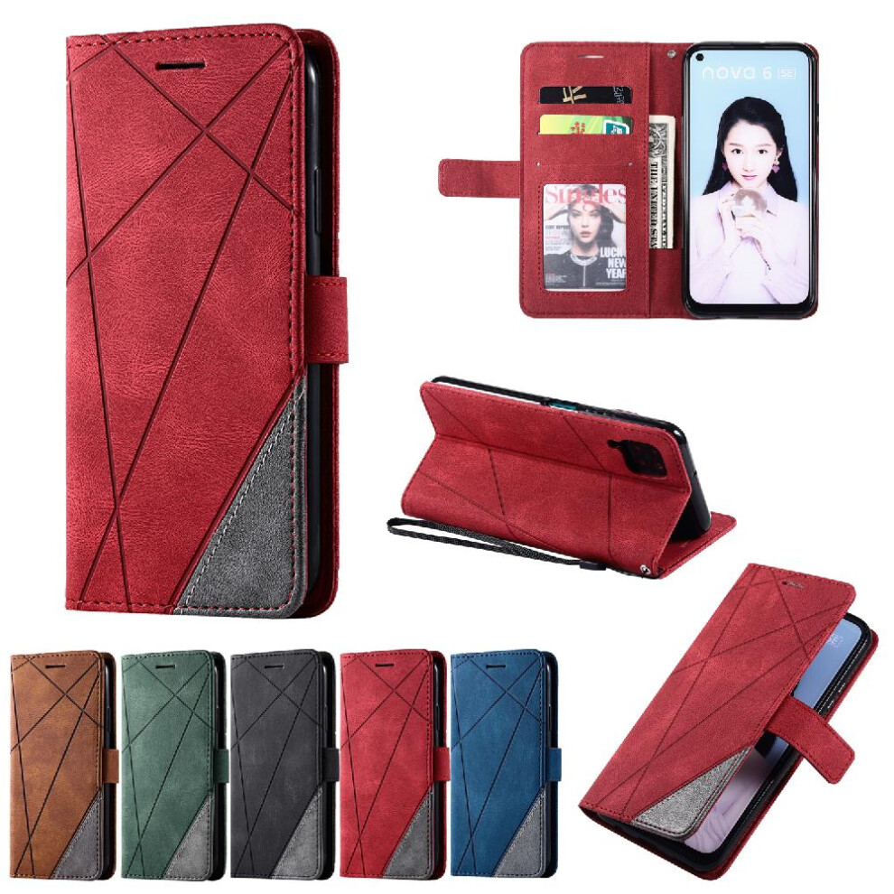 (Red) Case For Huawei P40 Lite Card Holder Kickstand Shockproof Magnetic Pu Leather Wallet Flip Folio Red 764762569464