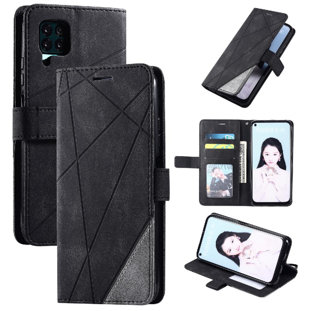(Black) Case For Huawei P40 Lite Card Holder Kickstand Shockproof Magnetic Pu Leather Wallet Flip Folio Black 764762569471