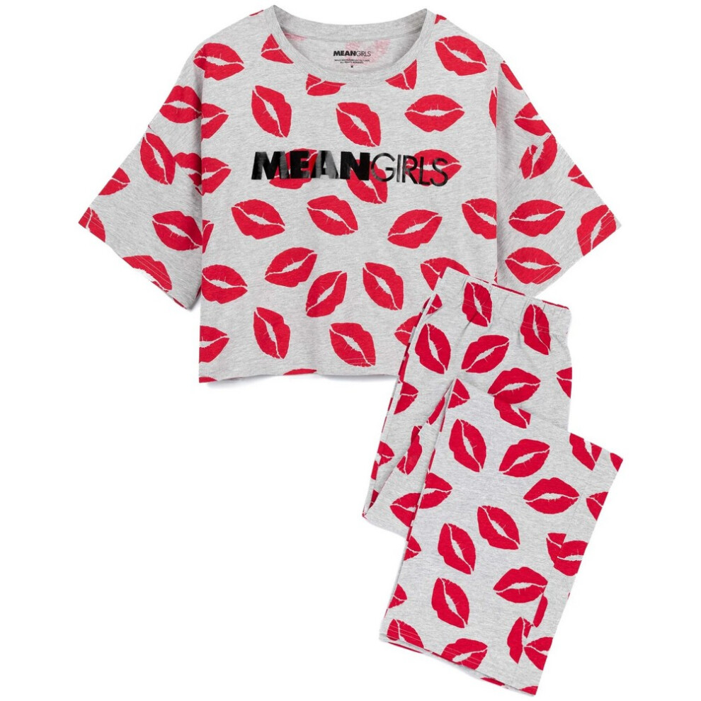 (L, Grey/Red) Mean Girls Womens/Ladies Lipstick Long Pyjama Set