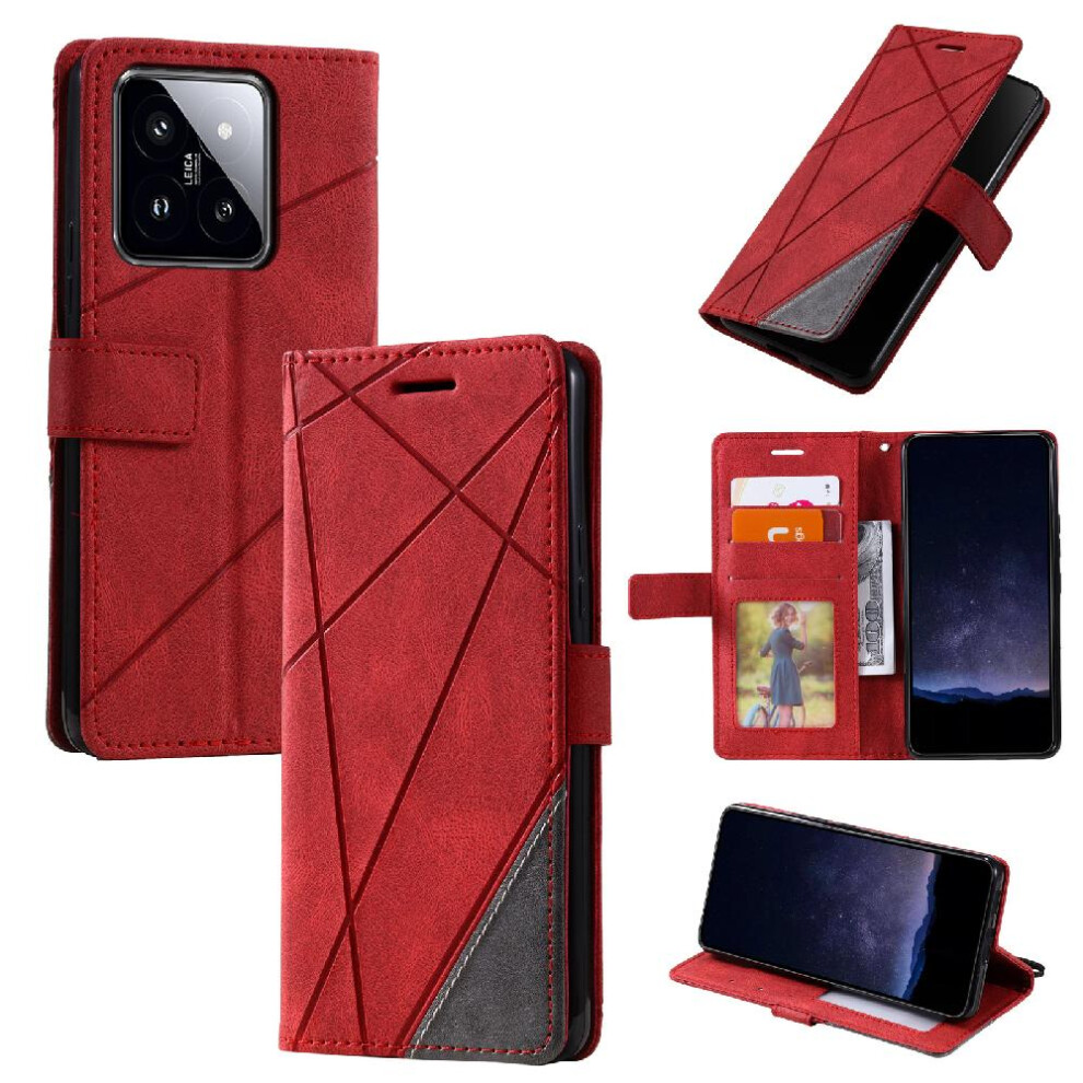 (Red) Case For Xiaomi 14 Magnetic Wallet Flip Folio Pu Leather Card Holder Kickstand Shockproof Red 764762570460