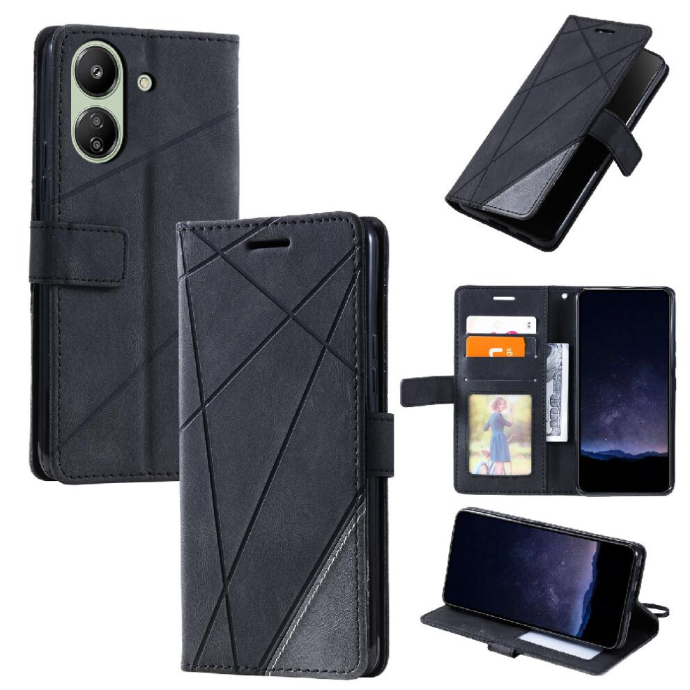 (Black) Case For Xiaomi Redmi 13C PU Leather Card Holder Kickstand Magnetic Shockproof Wallet Flip Folio