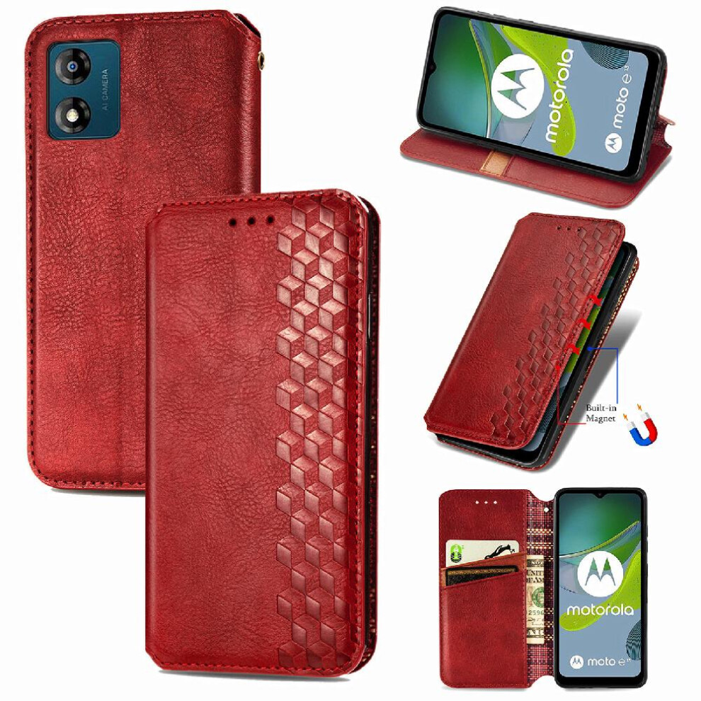 (Red) Case For Motorola Moto E13 Wallet Function Exquisite Business Fashion Design Leather Case Flip Cover Red 764762571146