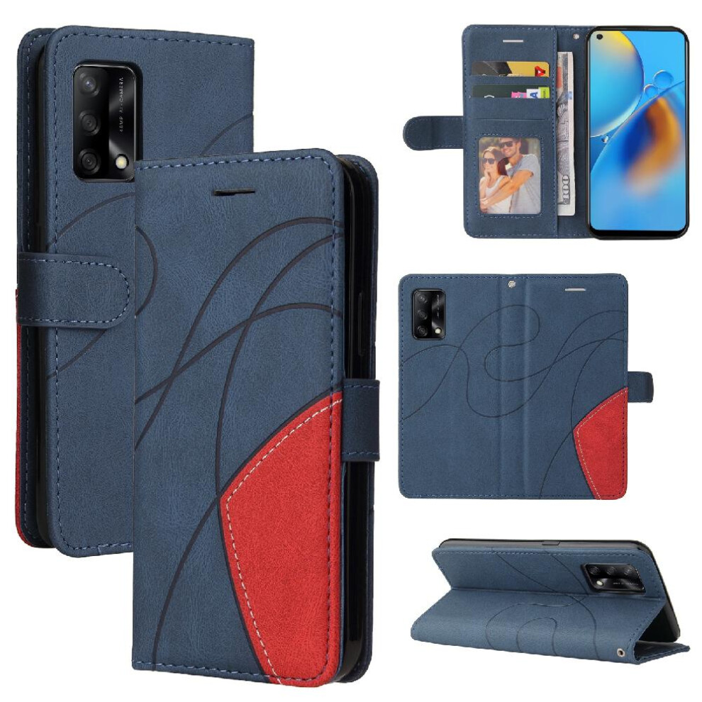 (Blue) Case For Oppo A74 4G Two-Color Stitching Pu Leather Flip Folio Case With Card Slot Stand Kickstand Protective Blue 764762571795