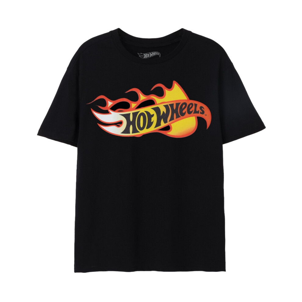 (S, Black) Hot Wheels Mens Flames Logo T-Shirt