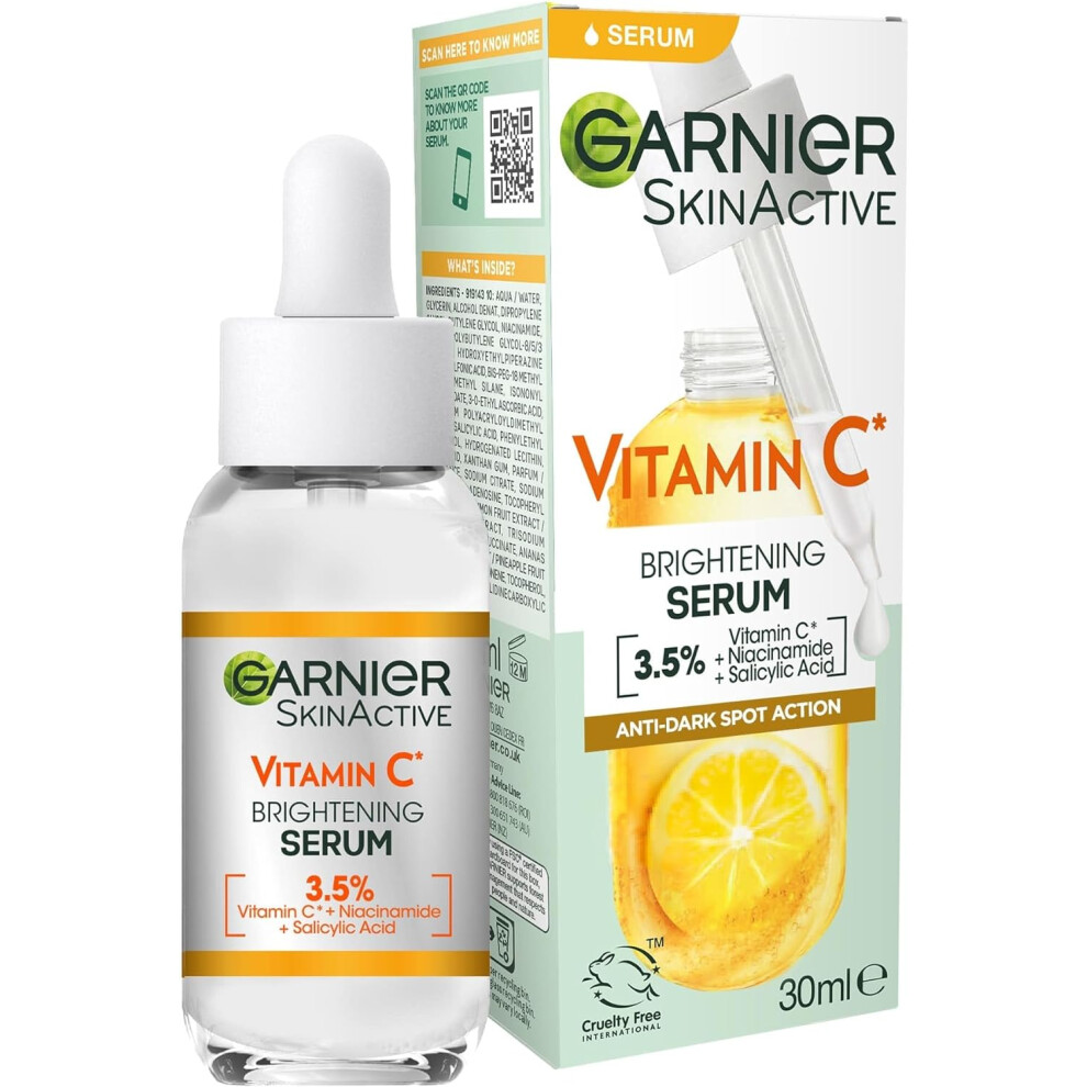 Garnier Dark Vitamin C Serum For Face, Anti- Spots & Brightening Serum, 3.5% Vitamin C, Niacinamide, Salicylic Acid & Lemon Extract, Brightening Serum