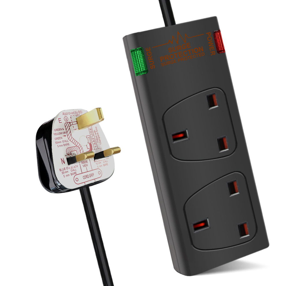 ExtraStar 2 Way Double Socket Power Mains Extension Lead 2M Metre Cable - Surge Protected British Approved 13A - Black